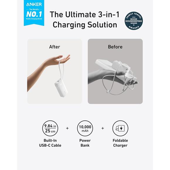 Anker Nano 3in1 Portable Charger 10000mAh USB C Foldable Plug 30W Power Bank - Picture 2 of 6